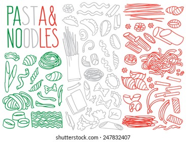 Set of doodles, hand drawn rough simple sketches various kinds of pasta and noodles. Vector isolated on white background for cafe menu, fliers, chalkboard