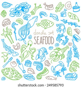 Set of doodles, hand drawn rough simple seafood theme sketches. Vector set isolated on white background.