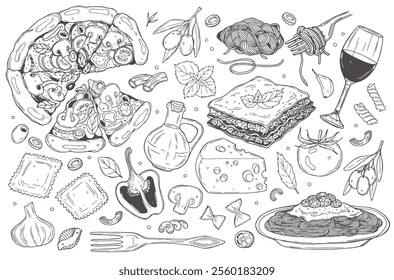 Set of doodles, hand drawn rough simple Italian cuisine food sketches. Isolated on white background