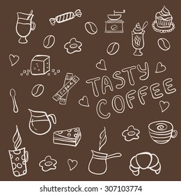Set of doodles, hand drawn rough simple coffee theme sketches, various kinds of coffee, ingredients and devices for coffee making with tasty cakes and candies. Vector isolated on brown background for