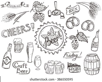 Set of doodles, hand drawn rough simple beer and brewery theme sketches with lettering. Vector isolated on white background for cafe menu, fliers, chalkboard