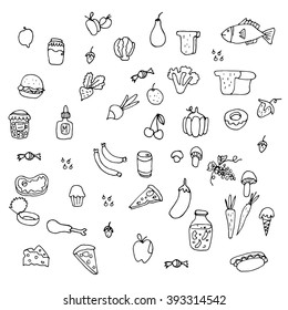 Set of doodles, hand drawn rough simple. Different kinds of main dishes, desserts, beverages. Vector set isolated on white background for cafe menu, fliers, chalkboard.