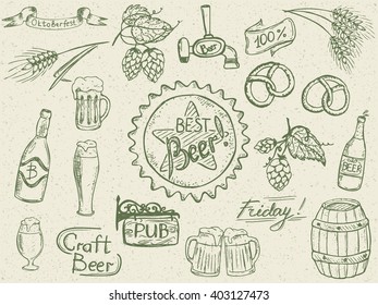 Set of doodles, hand drawn rough simple beer and brewery theme sketches with lettering. Vector isolated on white background for cafe menu, fliers, chalkboard
