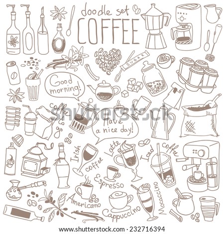 Set of doodles, hand drawn rough simple sketches, various kinds of coffee, ingredients and devices for coffee making. Vector isolated on white background for cafe menu, fliers, chalkboard