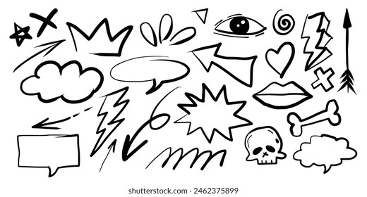 A set of doodles. Hand-drawn cute cartoon pencil sketches of decorative icons. Vector illustration. Hand drawn, not AI