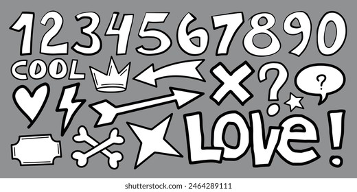 A set of doodles. Hand-drawn cute cartoon pencil sketches of decorative icons. Vector illustration. Hand drawn, not AI