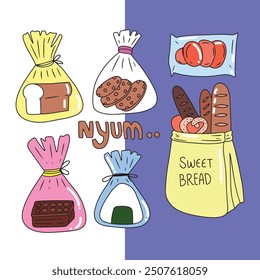 set of doodles handrawn line breakfast doodles element. vector bakery food pastry design