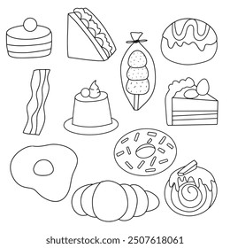 set of doodles handrawn line breakfast doodles element. vector bakery food pastry design