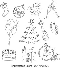 A set of Doodles Happy New Year and Christmas. Vector image of a Christmas tree, champagne, glasses, a sock with gifts, sweets, chimes, cake, music and balloons.