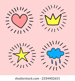 Set of doodles heart, crown, star, cloud hand drawn. Vector illustration