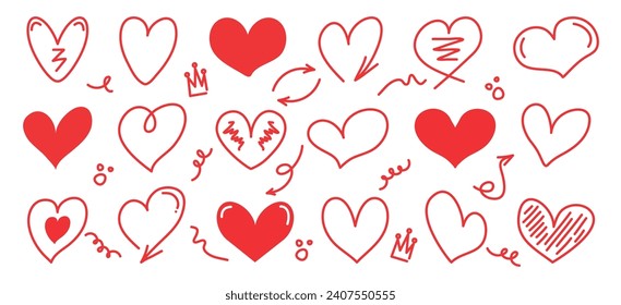 Set of doodles heart. Hand-drawn pencil decorative elements. Vector fashion illustration for Valentine's Day.