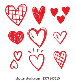 Set of doodles hearts. Grunge stamps collection. Love shapes for your design. Textured Valentine's Day signs. Romantic love symbols set for greeting valentines card element. Hand drawn.