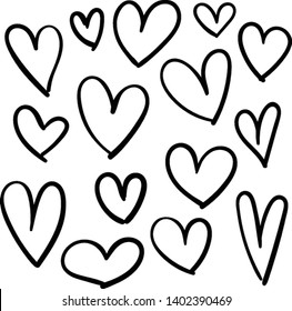 Set of doodles hearts. Grunge stamps collection. Love shapes for your design. Textured Valentine's Day signs. Romantic love symbols set for greeting valentines card element. Hand drawn.