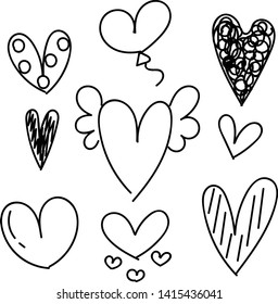 Set of doodles hearts. Grunge stamps collection. Love shapes for your design. Textured Valentine's Day signs. Romantic love symbols set for greeting valentines card element. Hand drawn.