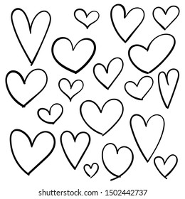 Set of doodles hearts. Grunge stamps collection. Love shapes for your design. Textured Valentine's Day signs. Romantic love symbols set for greeting valentines card element. Hand drawn.