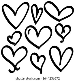 Set of doodles hearts. Grunge stamps collection. Love shapes for your design. Textured Valentine's Day signs. Romantic love symbols set for greeting valentines card element. Hand drawn.