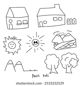 set of doodles home, mountain, sun, tree, handrawn kids art