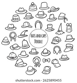 Set of Doodles illustration of Hats and caps . Thin line art about clothes.