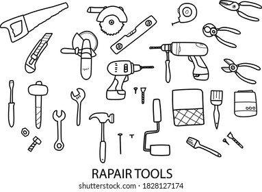 set of doodles illustrations of tools for repair, screws, nails. Paint roller, brushes and tray, paint can. hand drawing