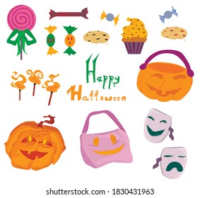 set of doodles isolates for halloween: pumpkins, candies and sweets, lettering, magic items, candy collection bags, theater masks. halloween celebration. vector. icons. stickers