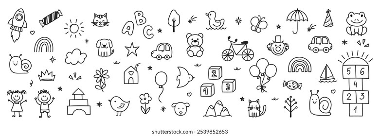 Set of doodles for kids. Kindergarten vector illustration with cat, bike, bird and hopscotch in hand drawn style.