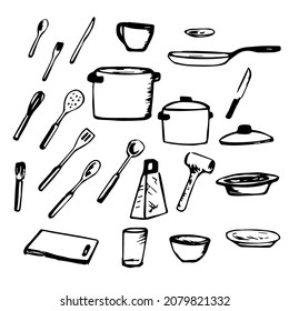 Set of doodles kitchen utensils, dishes. Sketching. Vector illustration