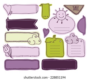 Set of doodles labels. Use the image of a tulip, sun, rabbit hearts. Aprimenyayutsya different types of lines, and different colors.