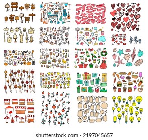 a set of doodles in a large color, from awnings, gifts, holiday signs, shells, hearts, light bulbs, musical instruments, medals, flowers in bright colors, isolated objects with a black outline