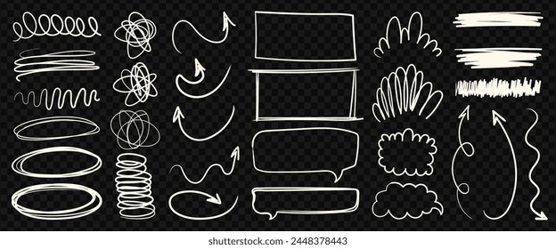 
Set of doodles, line drawings, free shapes. Basic elements, directional arrows, lines, shapes, dialogues. Modern grungy doodles, brushes, forms