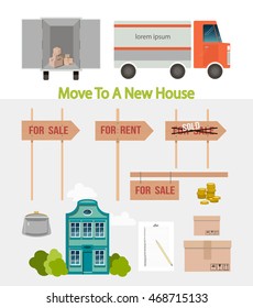 Set of doodles or logos for changing home theme. Vector illustration. Move into a new house poster, banner, advertisement.