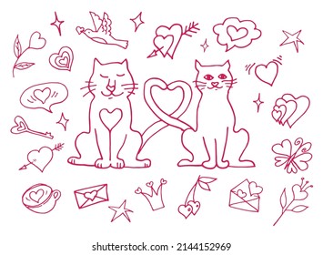 Set of doodles for lovers, wedding and Valentine's Day. Sketchy hand drawn doodle cute cartoon elements isolated on white background