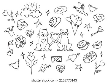 Set of doodles for lovers, wedding and Valentine's Day. Sketchy hand drawn doodle cute cartoon elements isolated on white background