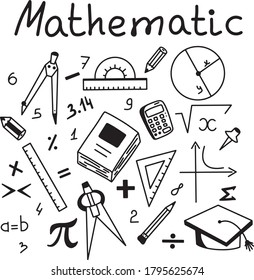 Set of doodles with mathematical elements, protractor, ruler, pencils compasses school math lesson. Vector illustration with icons