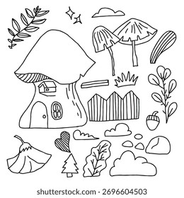 set of doodles mushroom houst and element other