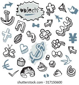 Set of Doodles - Objects and Symbols - Blue and Black Colors