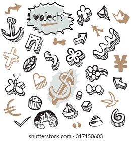 Set of Doodles - Objects and Symbols - Brown Gold and Black Colors
