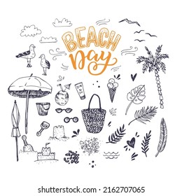 Set of doodles on the beach theme. Hand drawn illustrations of sand castle, palm tree and leaves, umbrella, sunglasses, seagulls. Beach day hand lettering and sketches.