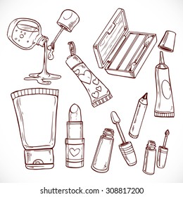 Set of doodles on cosmetics lipstick, nail polish, eye contour cream, eye shadow, eyeliner and cream in a tube