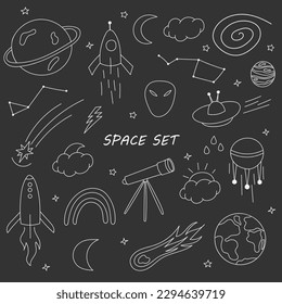 Set of doodles on isolated black background. Space, astronomy, spaceship, stars, moon, sun, universe, cosmonaut, telescope, solar system. Ideal for stickers, cards, decoration and printing.