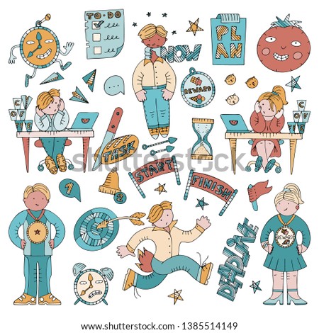 Set of doodles on procrastination and time management. Symbols and metaphores about delaying and successful performance of tasks. Fine for articles and magazine illustrations.