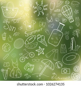 A set of doodles on a summer theme. Drawn on a light green background.