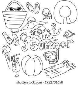 A set of doodles on a summer theme, contour drawings of items for a summer vacation vector illustration