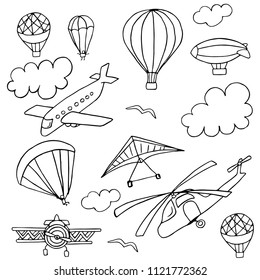 Conjunto de doodles sobre el tema del transporte aéreo, pintados de fondo blanco.