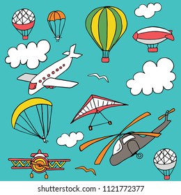 Set of doodles on the theme of air transport, painted on a blue background.