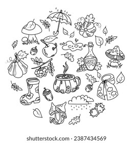 Set of doodles on the theme of autumn: pumpkins, puddles, raincoat, boots, chestnuts, acorns, umbrella, leaves. Vector illustration in doodle style, hand drawing.