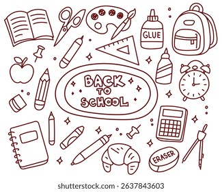set of doodles on the theme of back to school with a backpack, textbooks, compasses, rulers and pencils