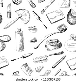 Set of doodles on the theme of beauty and cosmetics. Seamless pattern.