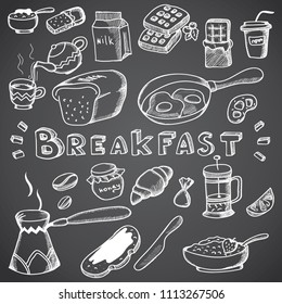 Set of doodles on the theme of Breakfast. Painted on a gray background.