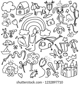 Set of doodles on the theme of childhood, children's toys and drawings.