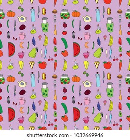A set of doodles on the theme of food. Painted on a purple background and painted in different colors. Seamless pattern.